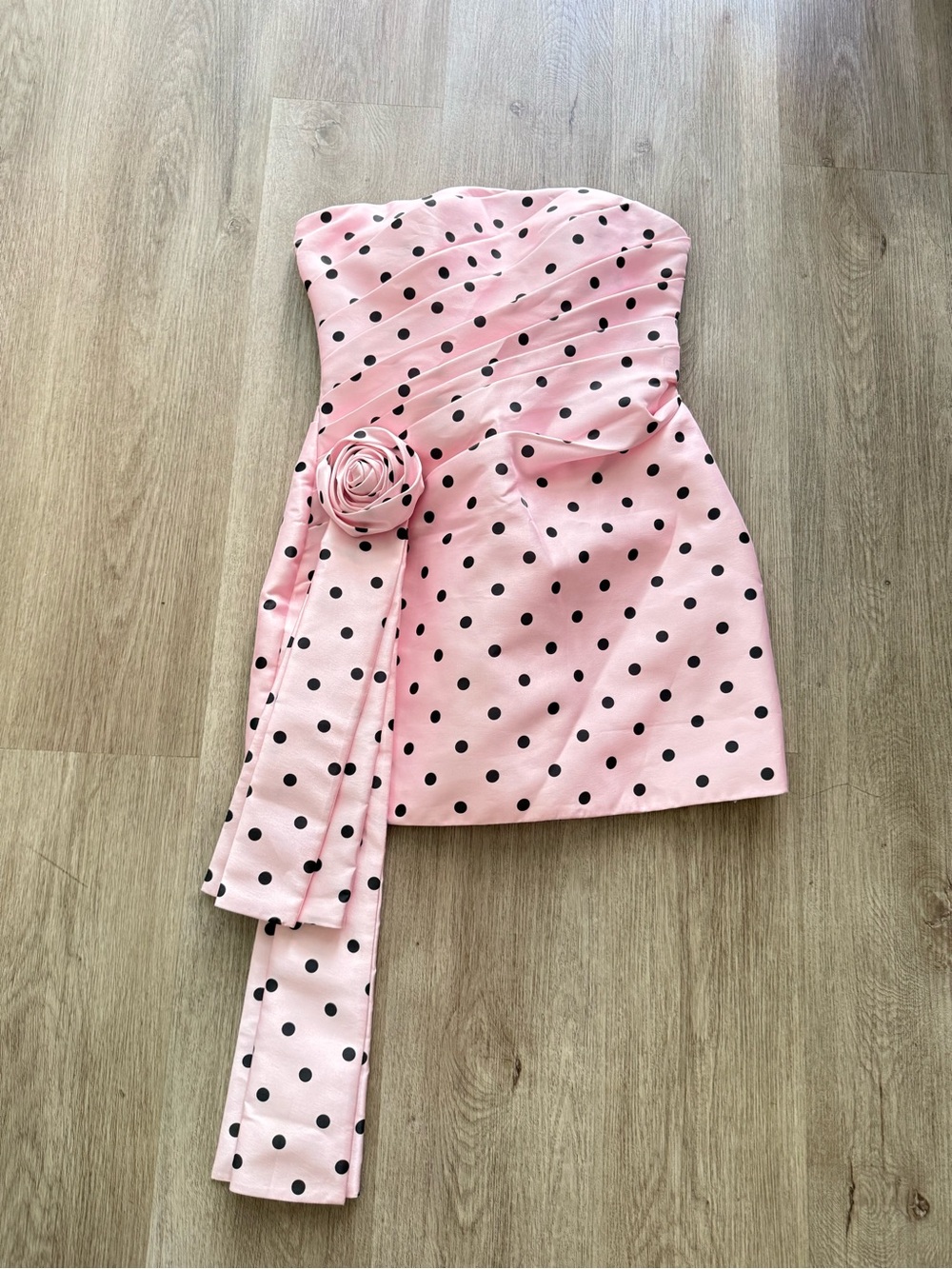 sonya moda juliette pink polka dot pleated strapless rosette mini dress small